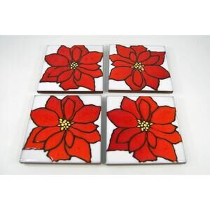 Southwestern Art Tile Studios Poinsettia Red Flower Trivet Coaster Set of 4 VTG